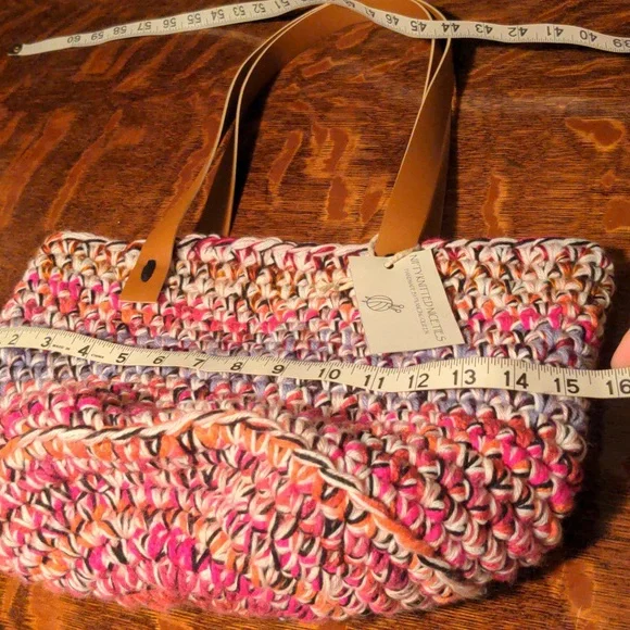 Handmade Crochet Multicolor Market Basket Tote Tan Faux Leather Straps - Picture 4 of 7